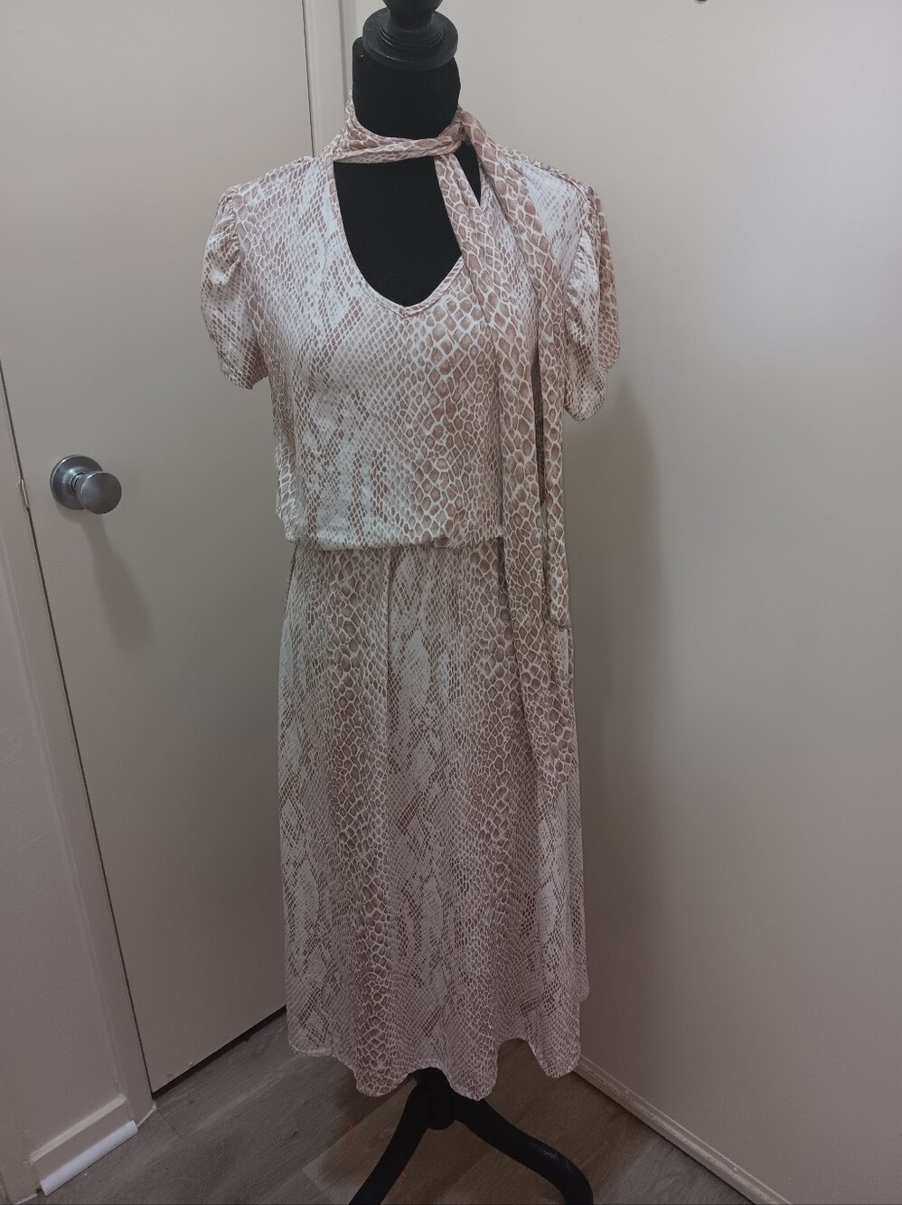 Neutral Snake-Print Midi Dress with Scarf Detail
